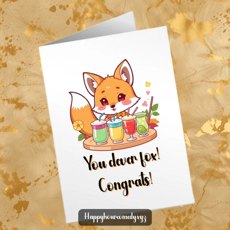 Funny Free Printable Fox Congratulations Card: Eager fox eyes colorful drinks, celebrating achievements with excitement.