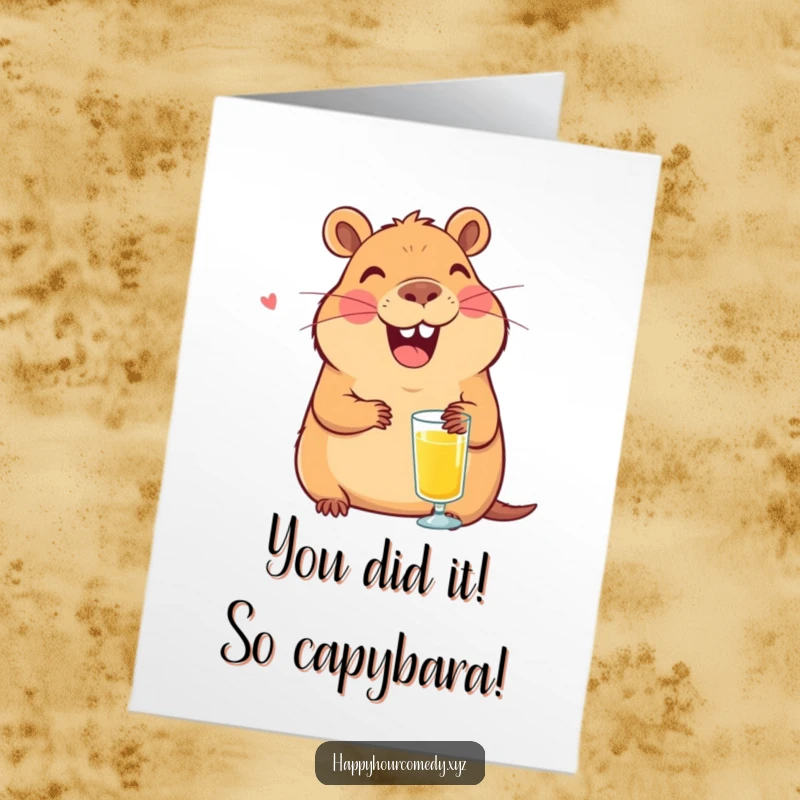 Funny Free Printable Capybara Congratulations Card: Friendly capybara toasts with juice, perfect for celebrating achievements with laughter.