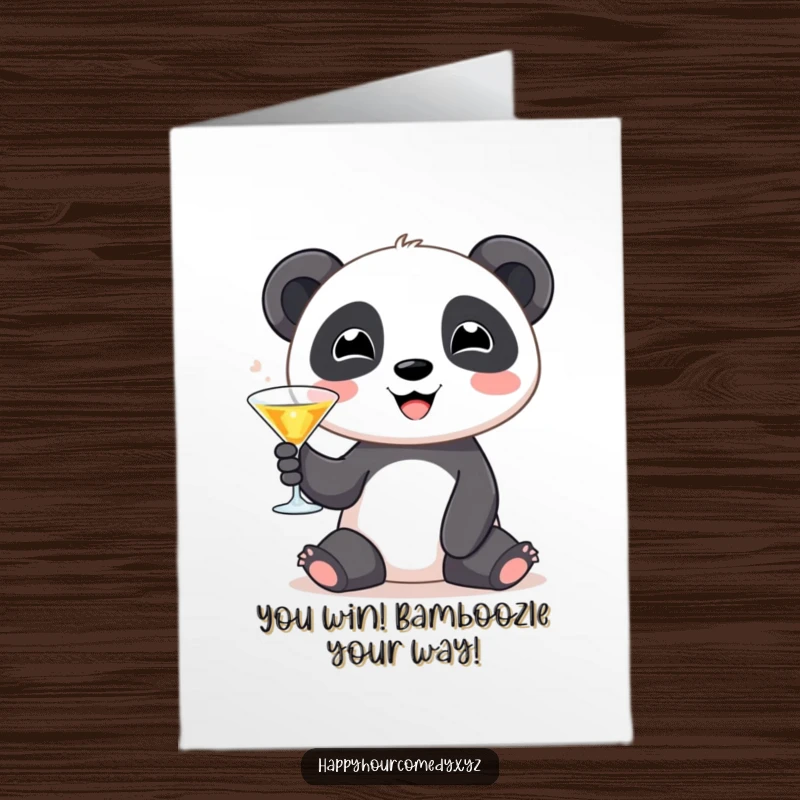 Funny Free Printable Panda Congratulations Card: Joyful panda clinks a tiny martini, celebrating any joyous occasion with a smile.