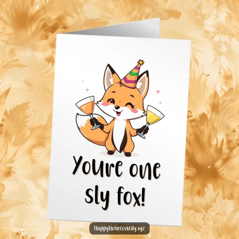 Free Printable Congratulations Card: A fox wearing a party hat juggles cocktail glasses, celebrating your fantastic achievement.