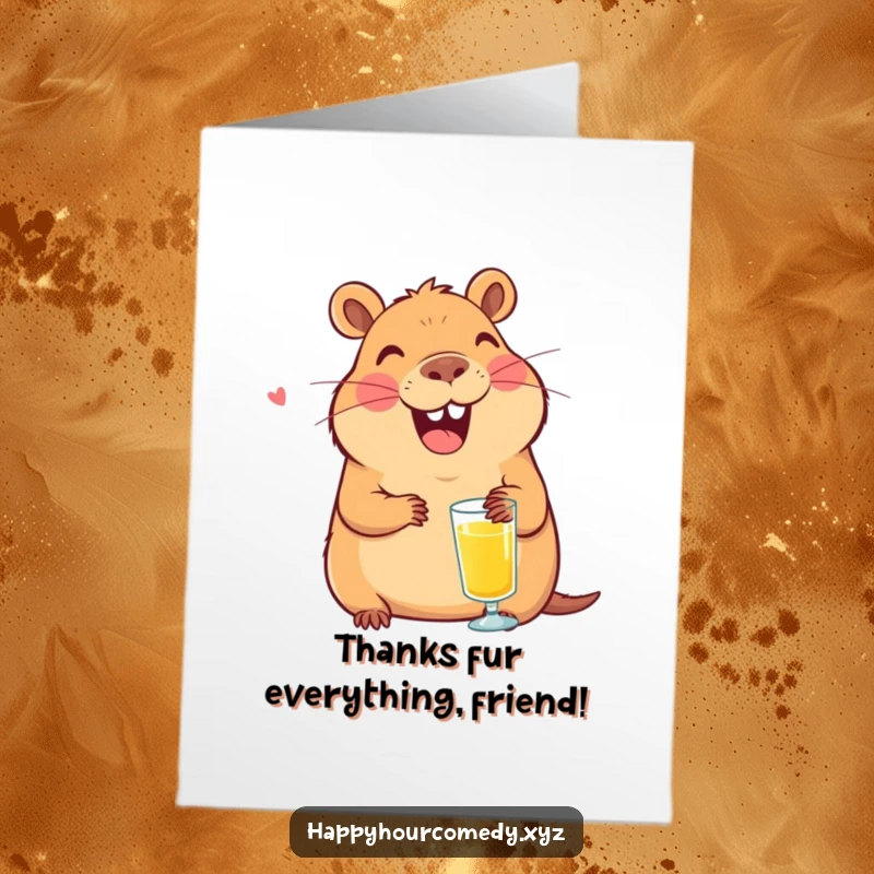 Funny Free Printable Capybara Thank You Card: Relaxed capybara offers thanks with a juice glass, embodying calm appreciation.