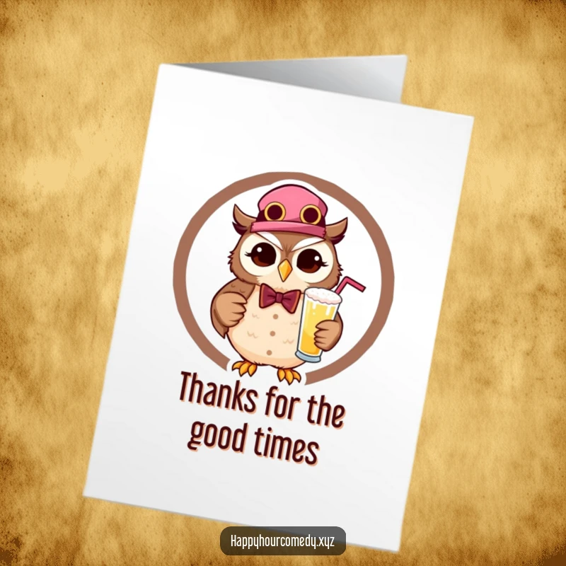 Free Printable Thank You Card: A happy owl bartender offers a drink with a grateful wink, perfect for expressing thanks.