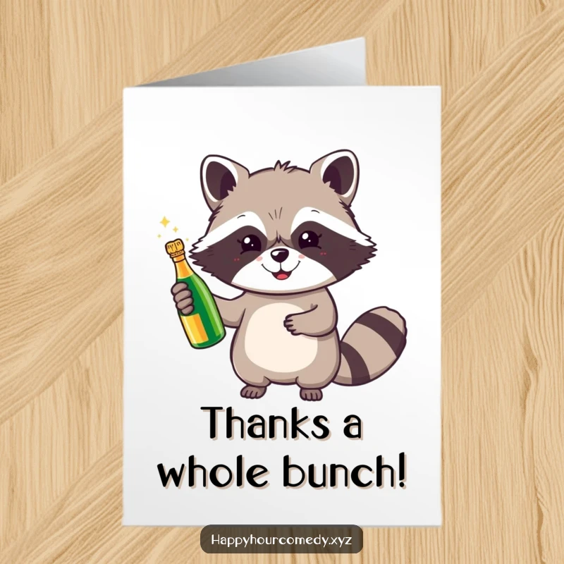 Free Printable Thank You Card: A cheerful raccoon holds a tiny champagne bottle aloft, offering bubbly thanks for your kindness.
