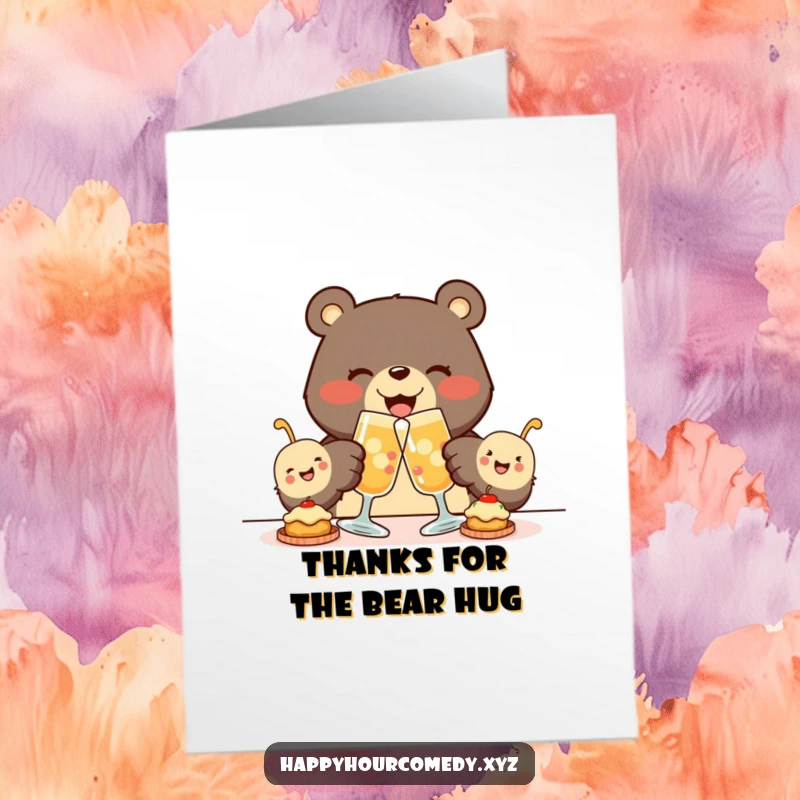 Free Printable Thank You Card: A joyous bear clinks glasses with tiny smiling appetizers, offering a unique thank you.