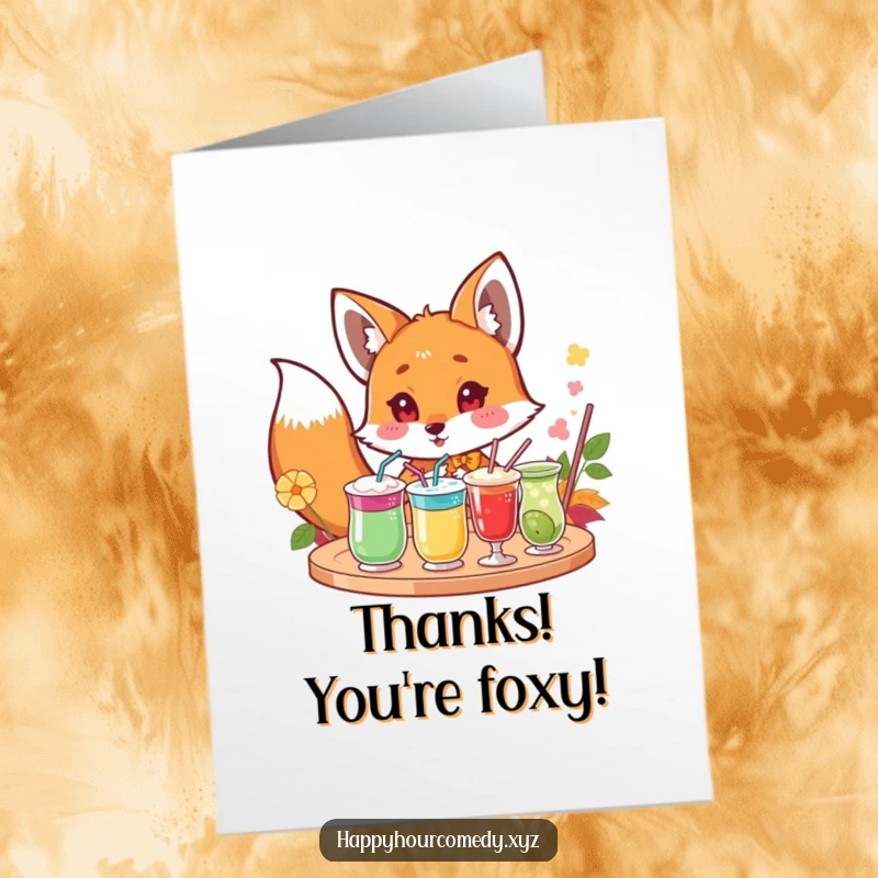 Funny Free Printable Fox Thank You Card: Curious fox peeks at drinks, a playful way to say thank you.