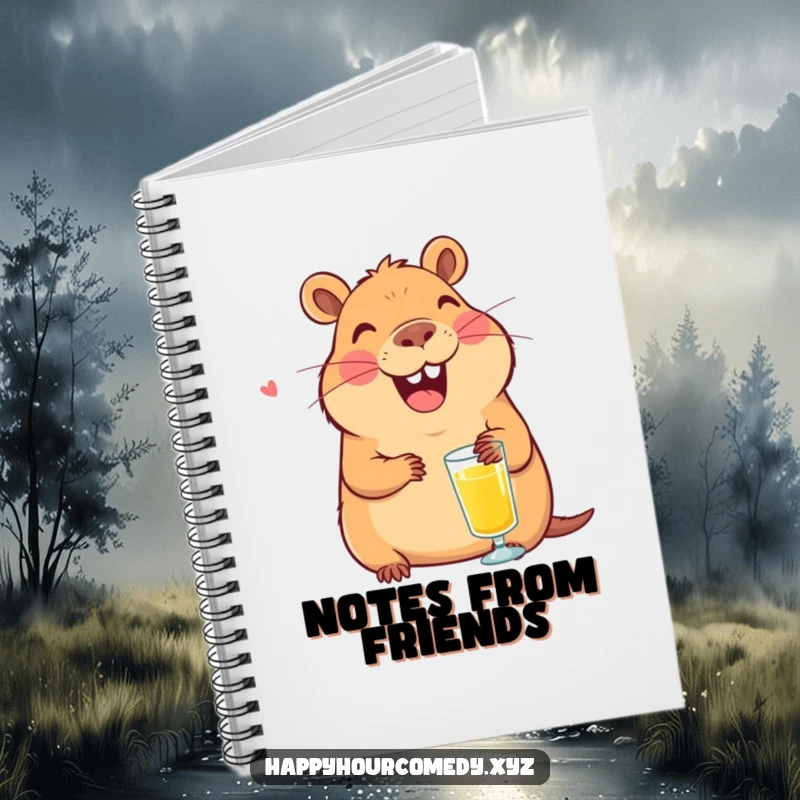 Funny Capybara Juice Notebook: Smiling capybara character laughing with a tiny glass of juice, handy funny gift.
