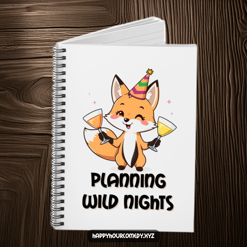 Funny Fox Juggler Notebook shows a playful fox in a party hat, juggling cocktail glasses, perfect for jotting down fun notes and ideas.