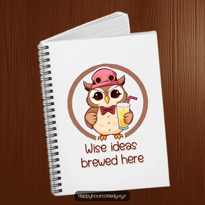 Funny Owl Bartender Notebook shows a happy, winking owl in bartender gear, holding a drink, ready to jot down humorous notes.