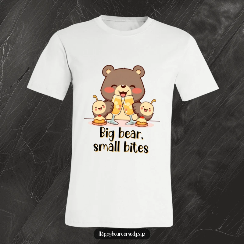 Funny Bear Appetizer T-Shirt depicts a joyous bear clinking glasses with tiny, smiling appetizers, celebrating a delightful feast with humor.