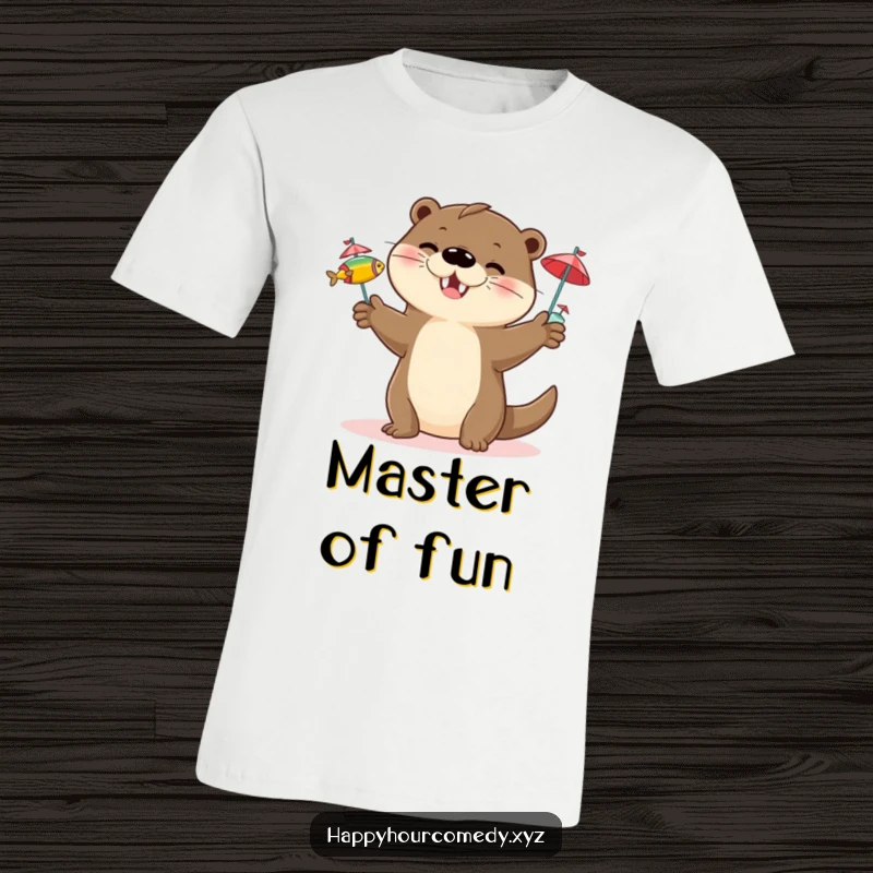 Funny Otter Juggling T-Shirt: Happy otter character juggling three small fish with tiny cocktail umbrellas, awesome funny gift.