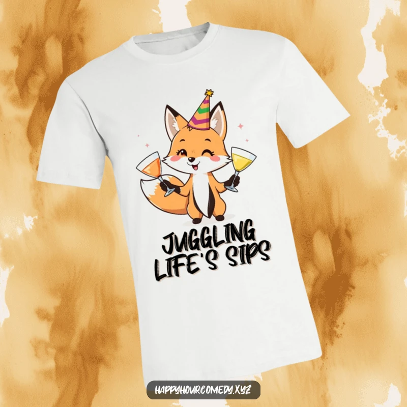 Funny Fox Juggler T-Shirt depicts a playful fox wearing a party hat, skillfully juggling three cocktail glasses, radiating fun and mischief.