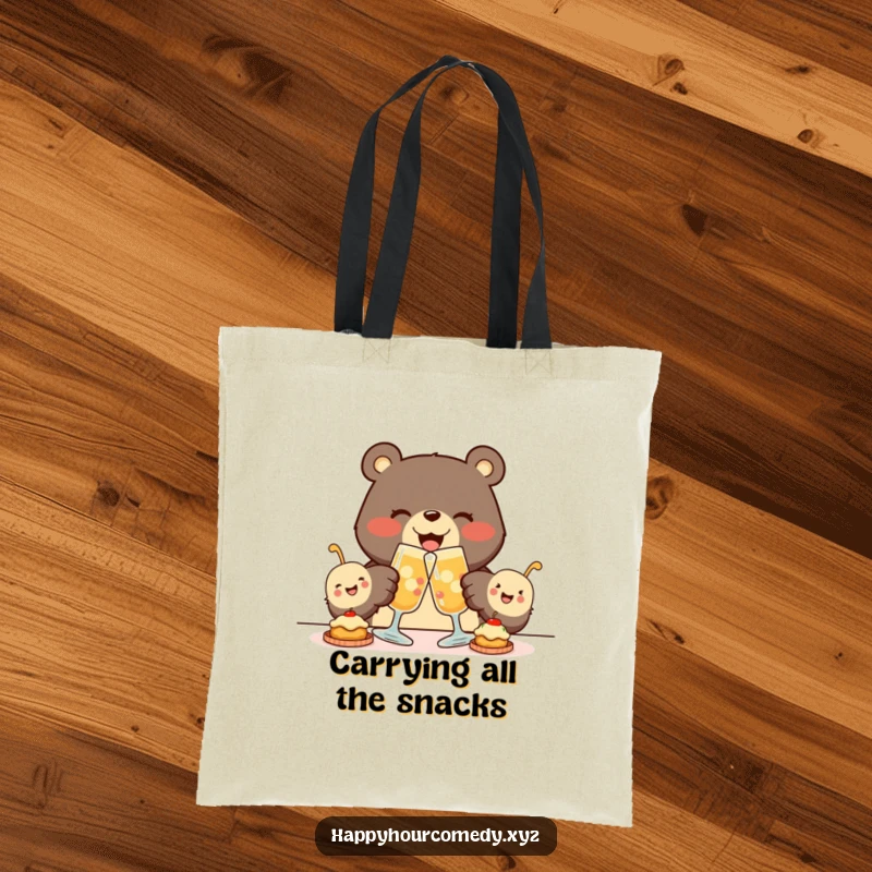 Funny Bear Appetizer Tote Bag features a joyous bear clinking glasses with tiny, smiling appetizers, ready to carry your goodies with cheer.
