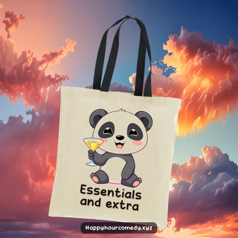 Funny Panda Martini Tote Bag: Cute panda character smiling, holding a tiny martini glass, perfect funny gift.