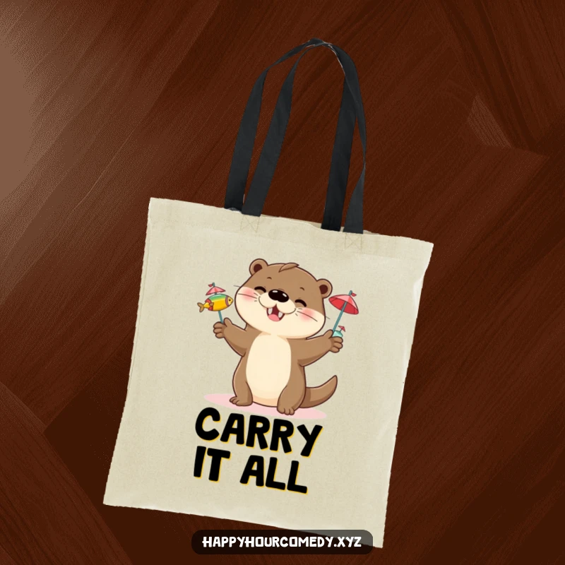 Funny Otter Juggling Tote Bag: Happy otter character juggling three small fish with tiny cocktail umbrellas, practical funny gift.