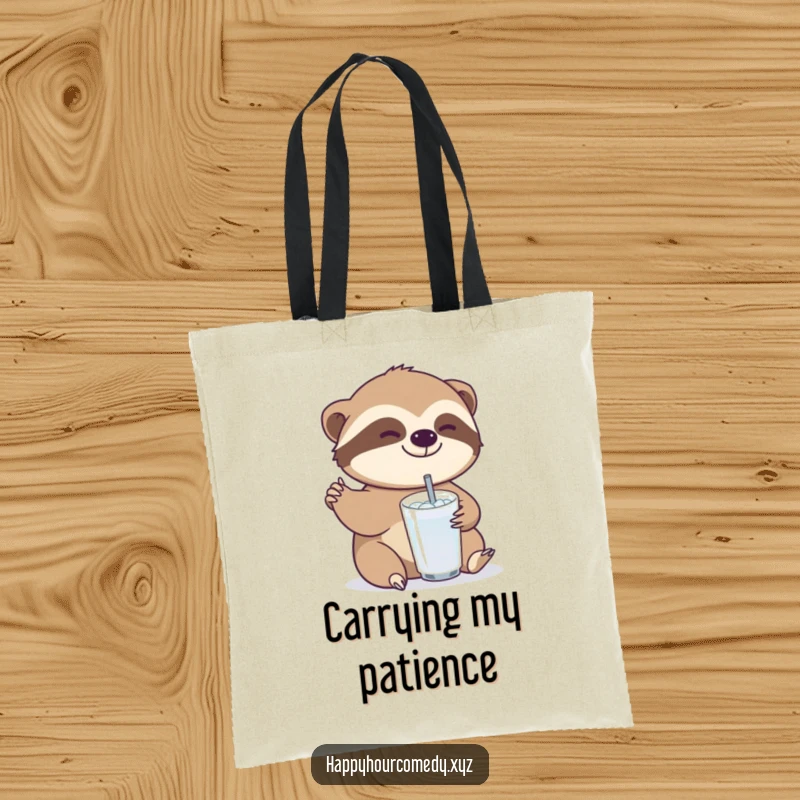 Funny Sloth Drink Tote Bag: Joyful sloth character slowly reaching for a small, bubbly drink, practical funny gift.